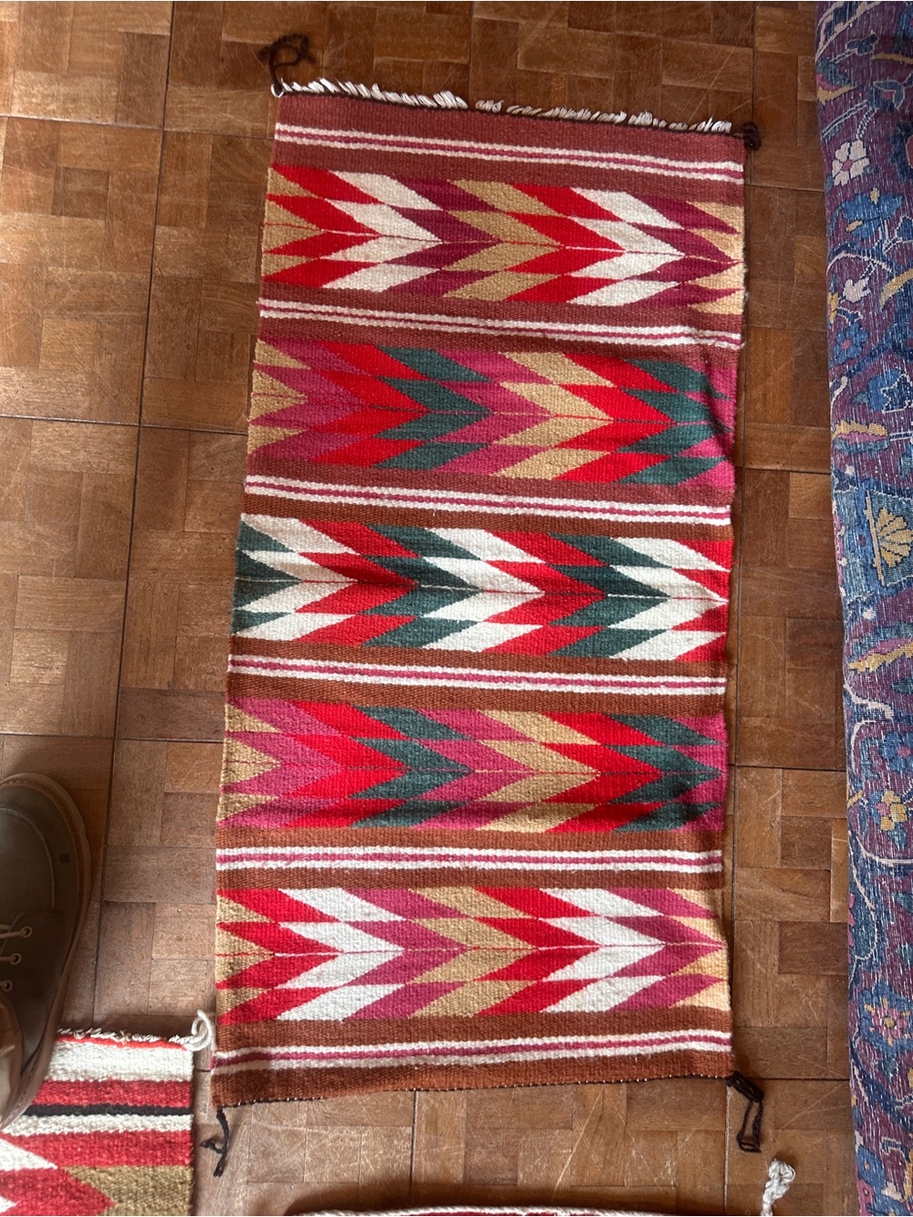 Handwoven Chevron Runner Rug in Red, Green & Cream